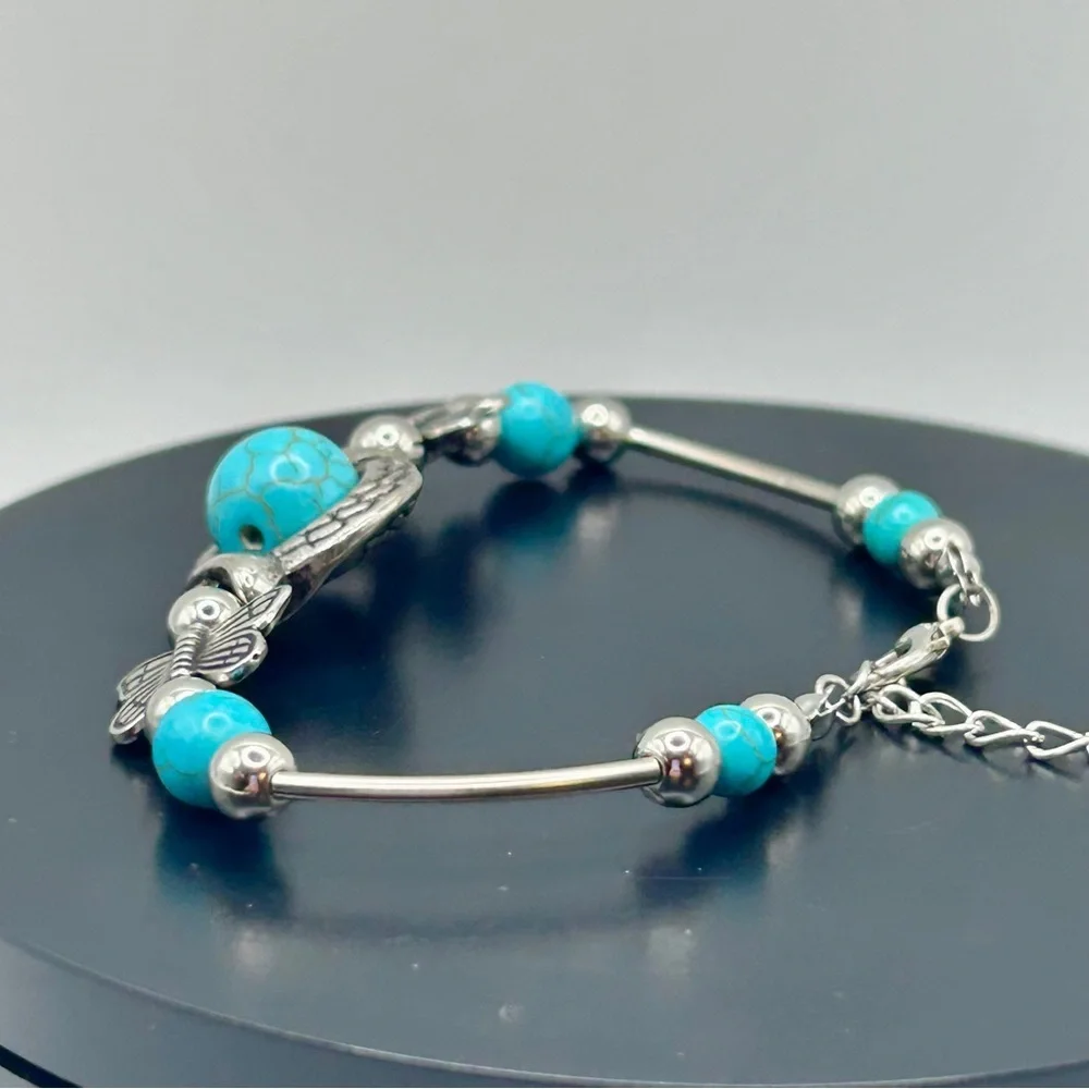 Whimsical Silver & Turquoise Butterfly Accent Bracelet